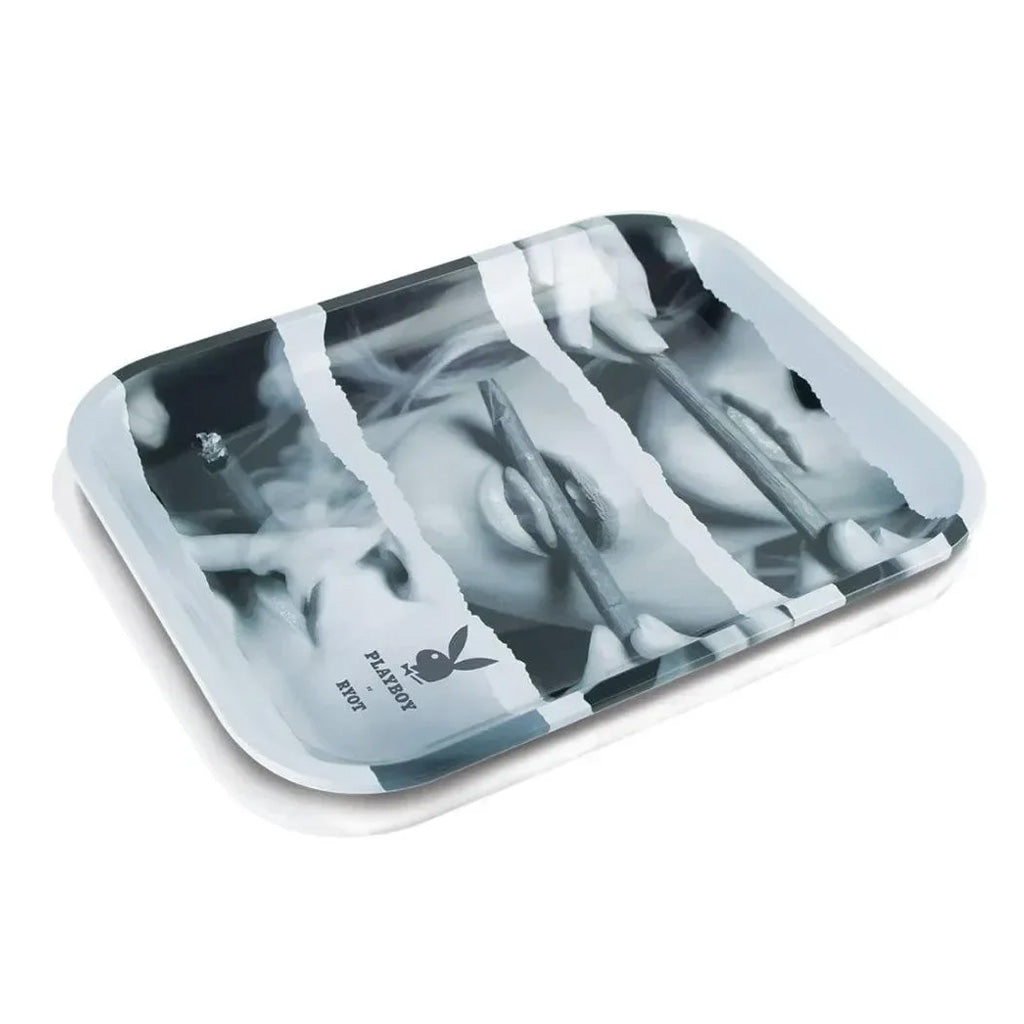 Close-up view of the Playboy by Ryot tin rolling tray displaying vibrant colors and a retro Playboy Bunny logo in the center.
