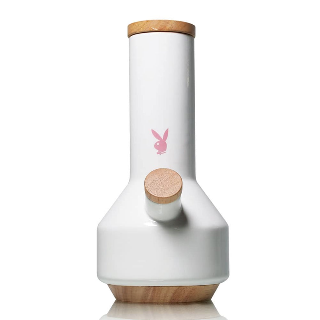 Playboy by Ryot Traveller water pipe in white ceramic, standing upright.