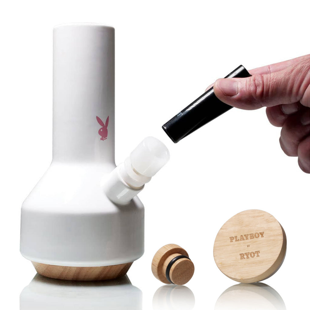 White ceramic Playboy by Ryot Traveller water pipe, full product view.