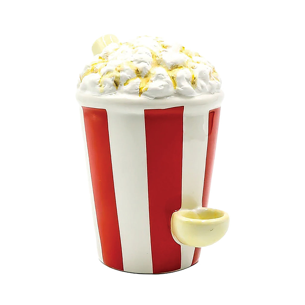 Popcorn hand pipe with yellow and white kernel design, red box style ceramic body, side bowl, carb hole, and glossy finish
