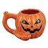Orange Pumpkin Roast and Toast pipe mug with jack o lantern face, handle pipe, side bowl, and cannabis leaf eyes for adult smoking accessory buyers