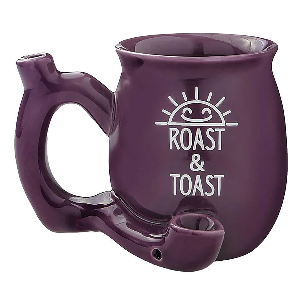 Purple chubby Roast and Toast pipe mug with glossy finish, built-in pipe-style handle, front bowl, and white artwork