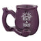 Purple chubby Roast and Toast pipe mug with glossy finish, built-in pipe-style handle, front bowl, and white artwork