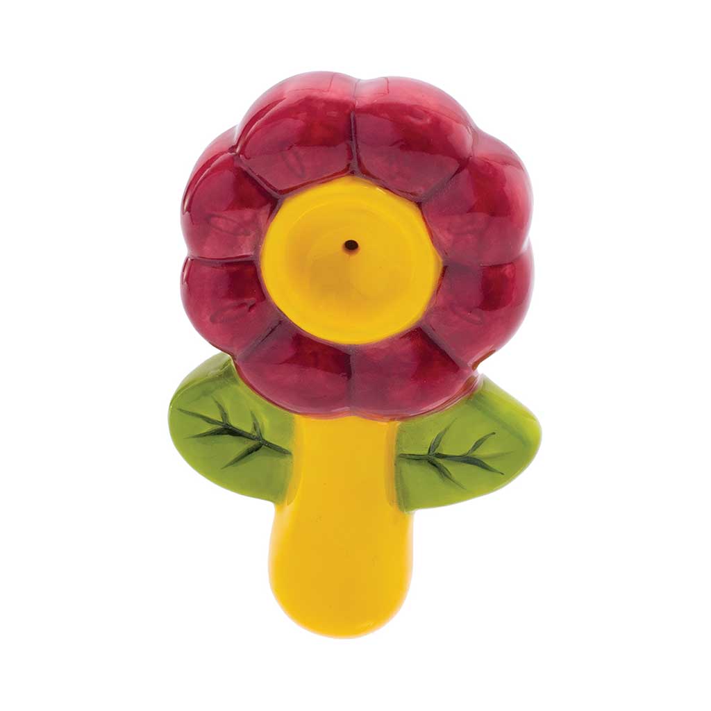 Side angle view of Purple Flower Ceramic Pipe with green leaves 