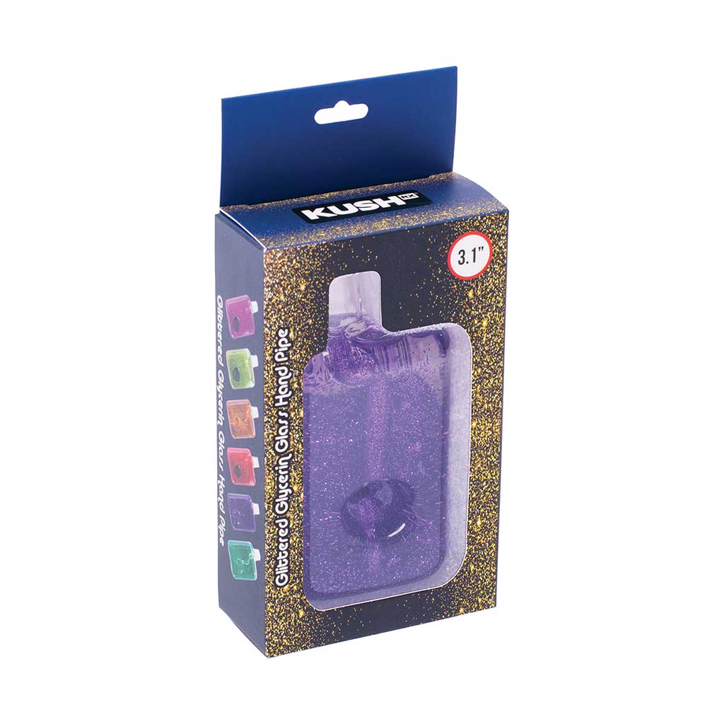 Purple glitter glycerin hand pipe in branded packaging – for sale online
