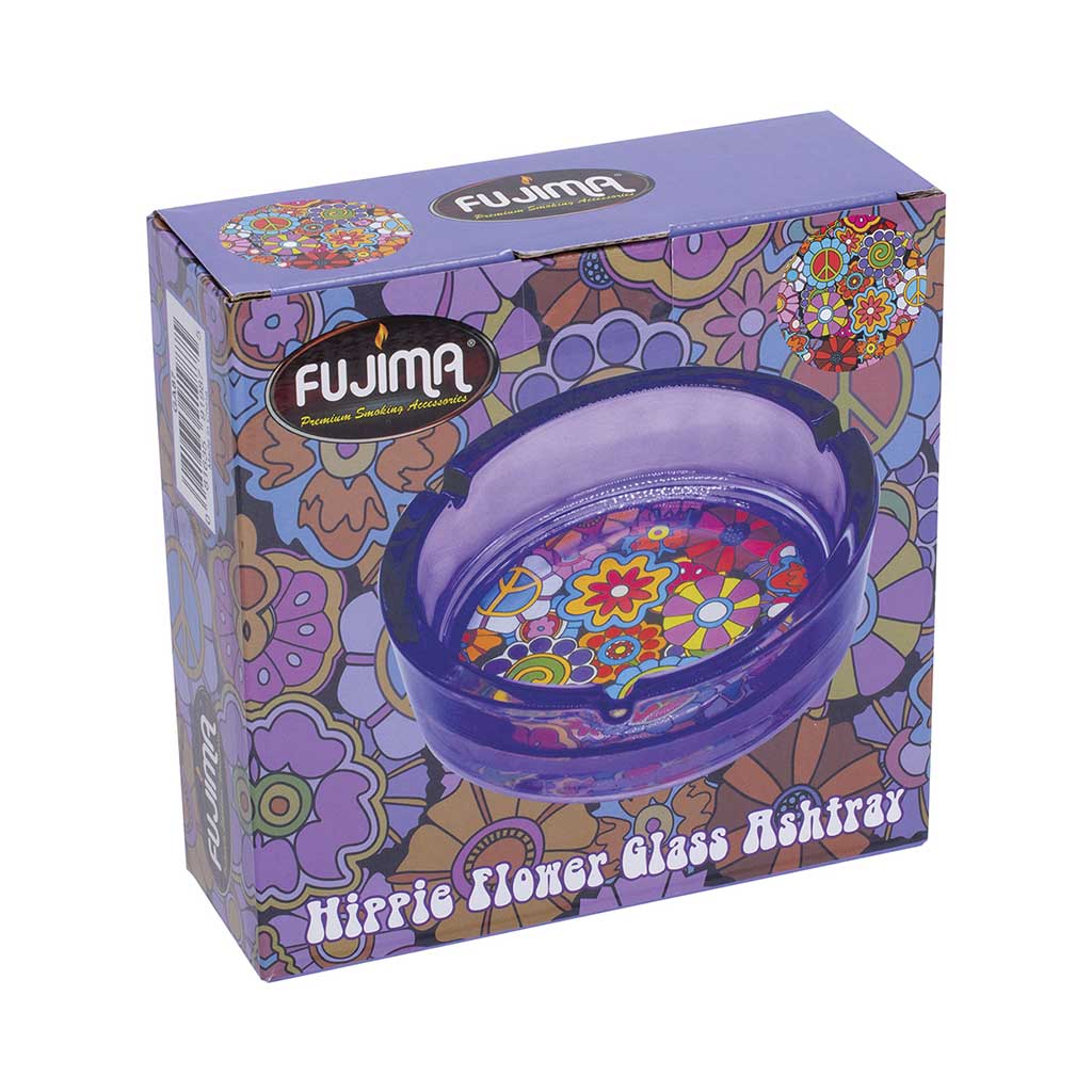 Purple Hippie Flower Glass Ashtray side view, durable glass ashtray with retro flower design, smoking accessory from Honeybee Herb