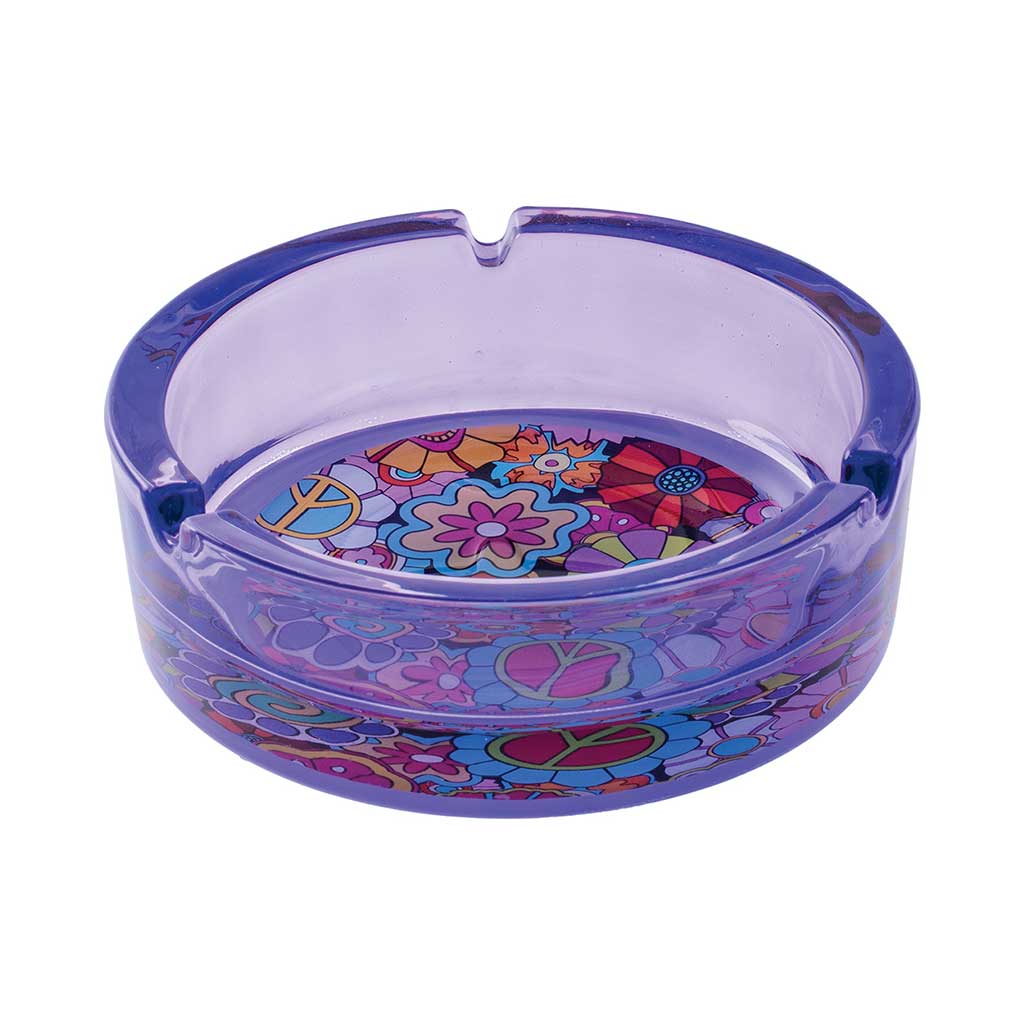 Purple Hippie Flower Glass Ashtray top view with colorful hippie flower design, premium smoking accessory for sale at Honeybee Herb