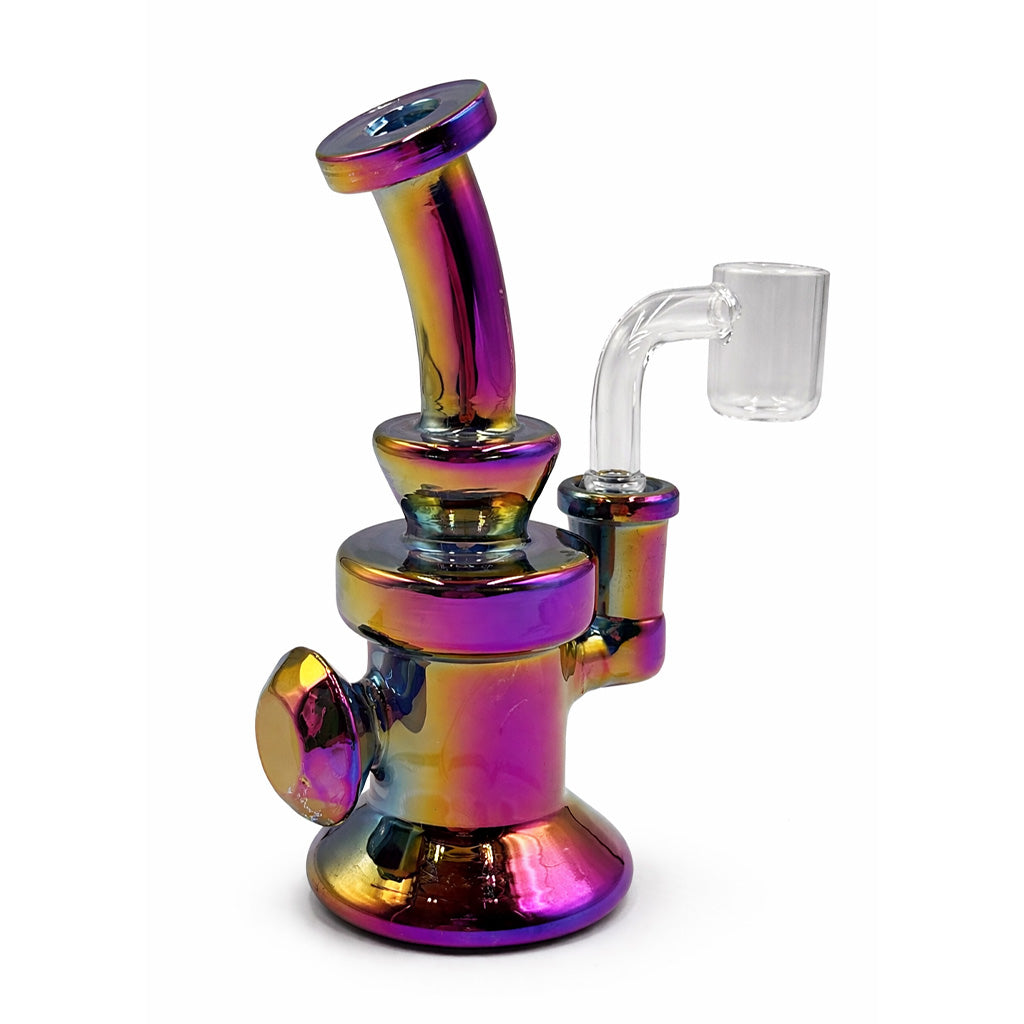 Purple pearlescent mini dab rig with side handle, bent neck, and quartz banger, compact glass rig for smooth, controlled dabs.
