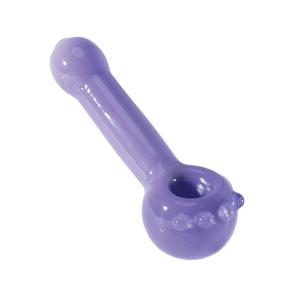 Shop Purple Spike Dot glass spoon hand pipe – pocket size, smooth draw. In stock with quick shipping from Honeybee Herb.