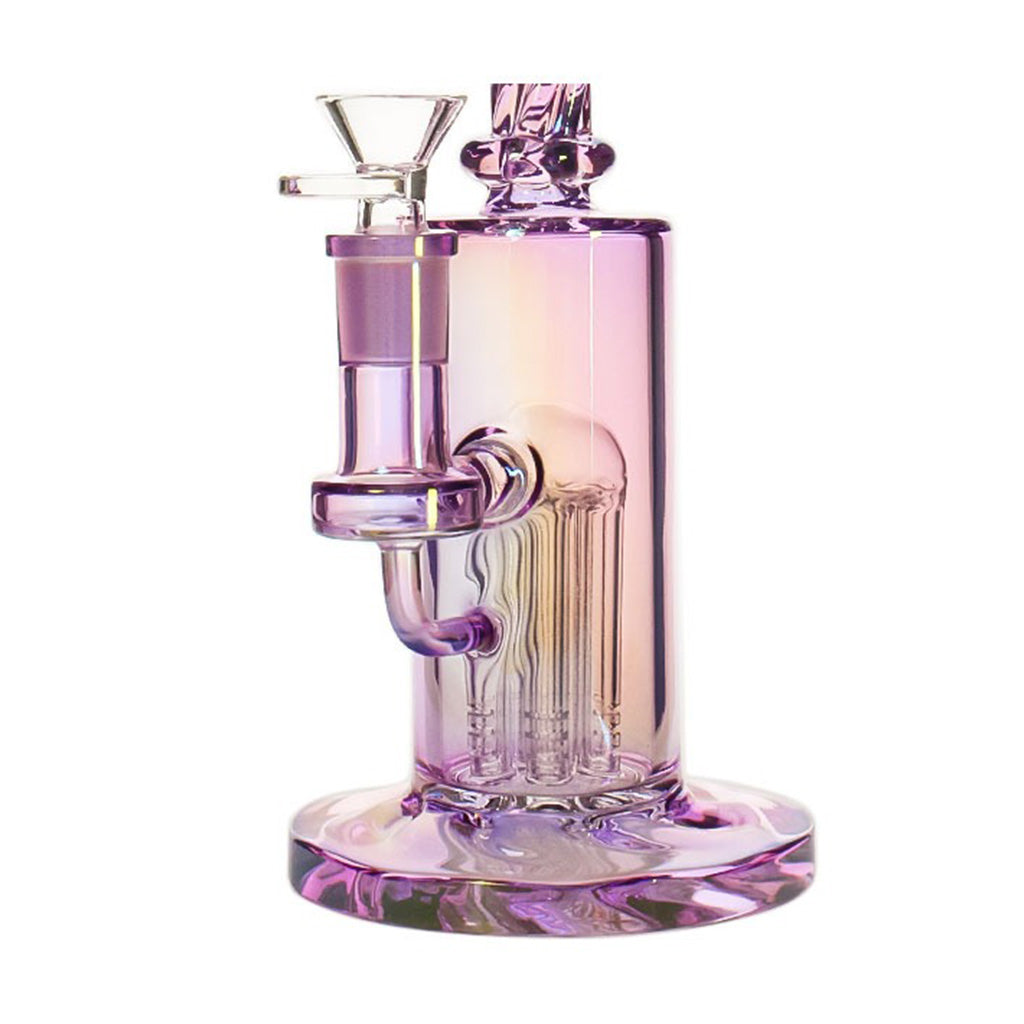  Side profile of Purple Spiral Neck Tree Perc Rig – Shop Now at Honeybee Herb