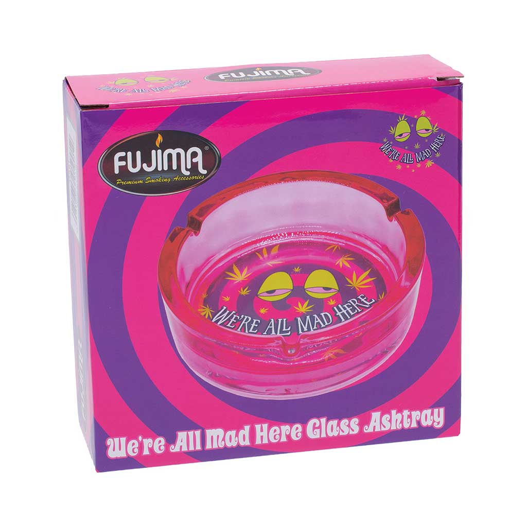 Purple We’re All Mad Here Glass Ashtray packaging box, premium glass ashtray with bold design, available online at Honeybee Herb