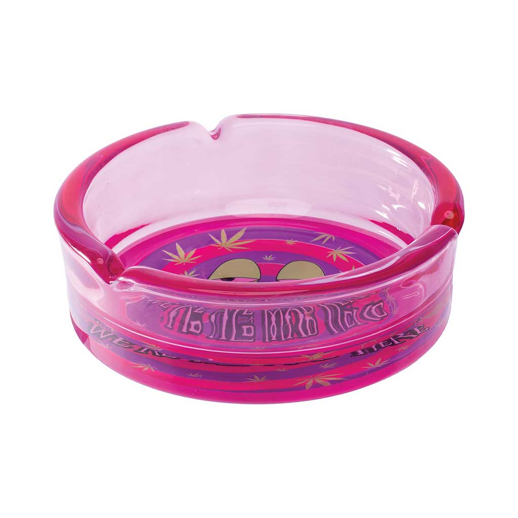 Purple We’re All Mad Here Glass Ashtray side view, stylish glass ashtray with cannabis leaf art, smoking accessory from Honeybee Herb