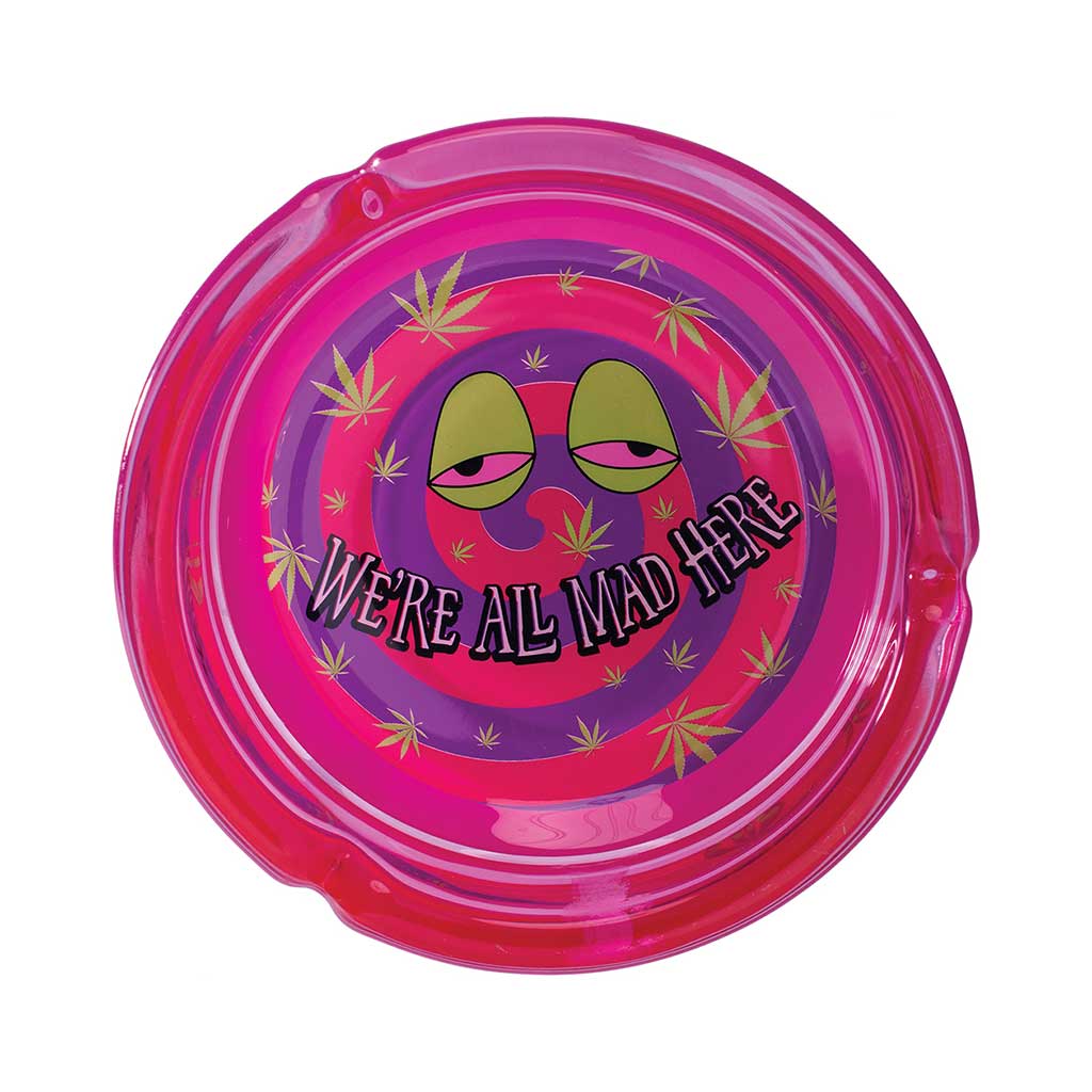Purple We’re All Mad Here Glass Ashtray top view, durable glass ashtray with fun cannabis-inspired design, Honeybee Herb smoking accessory
