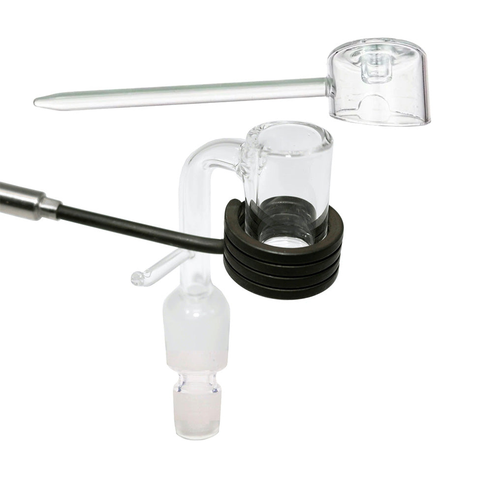 Quartz e-nail banger setup with heater coil and glass carb cap tool