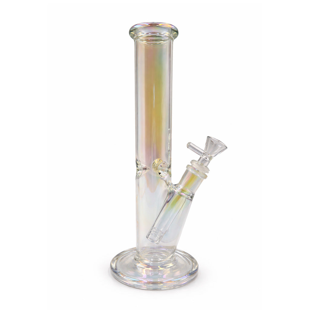 Rainbow iridescent straight tube bong with wide base and clear bowl, a shiny glass water pipe for smooth, comfortable pulls.