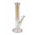 Rainbow iridescent straight tube bong with wide base and clear bowl, a shiny glass water pipe for smooth, comfortable pulls.