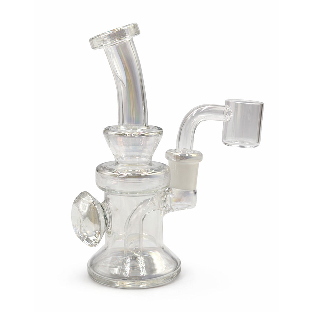 Rainbow pearlescent clear mini dab rig with quartz banger, compact glass oil rig with bent neck and sturdy base for your dab setup.