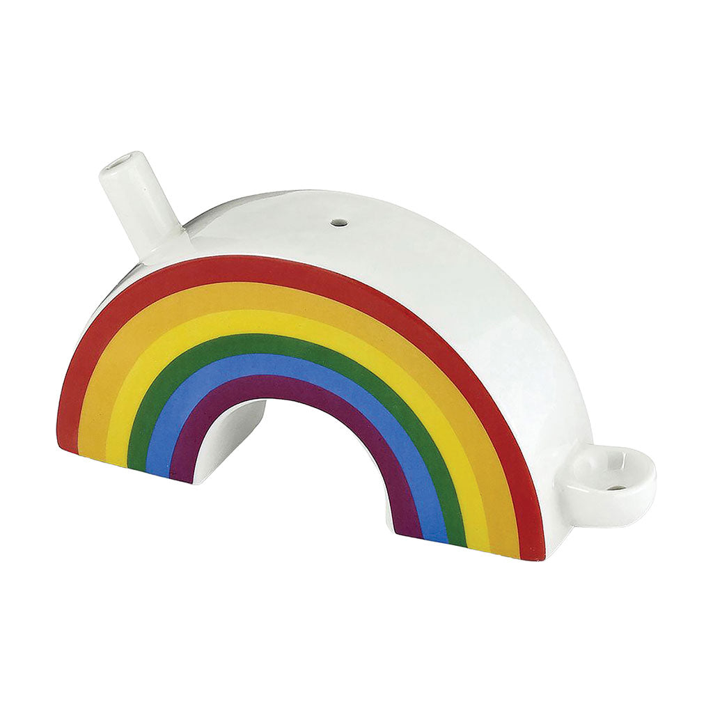 Rainbow hand pipe with multicolor arc design, red orange yellow green blue purple stripes, side bowl, carb hole, and glossy ceramic finish