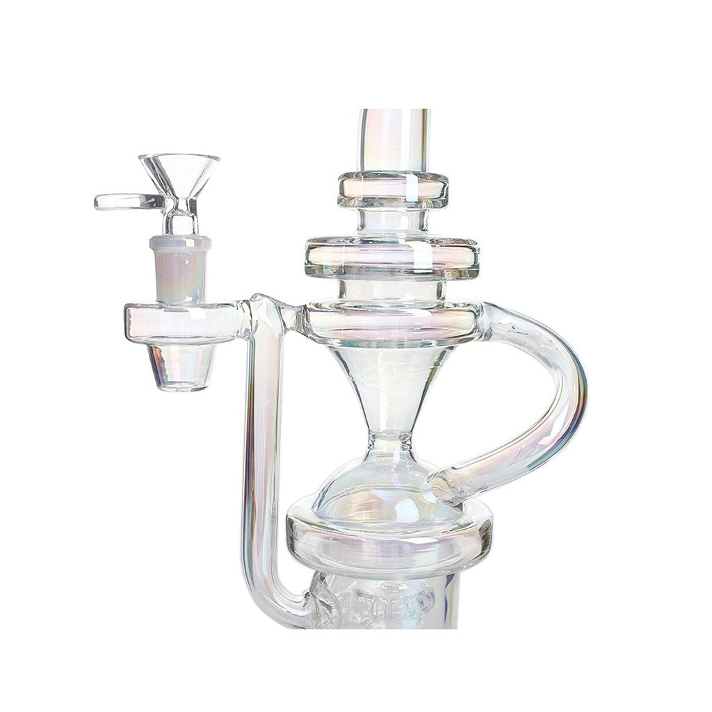 Close-up of showerhead perc on rainbow glass recycler bong 