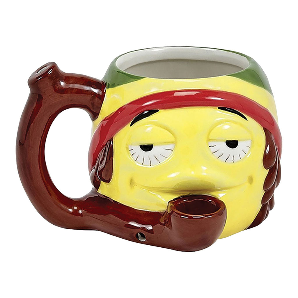 Rasta Stoned Emoji Roast and Toast pipe mug with red yellow green rasta colors, emoji face design, curved handle, and built-in bowl
