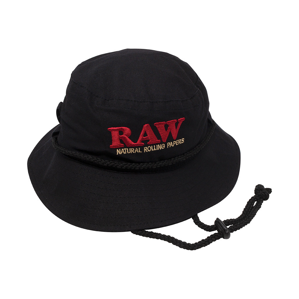 RAW Smokerman Bucket Hat in black, medium size with embroidered logo and drawstring – perfect smoking accessory