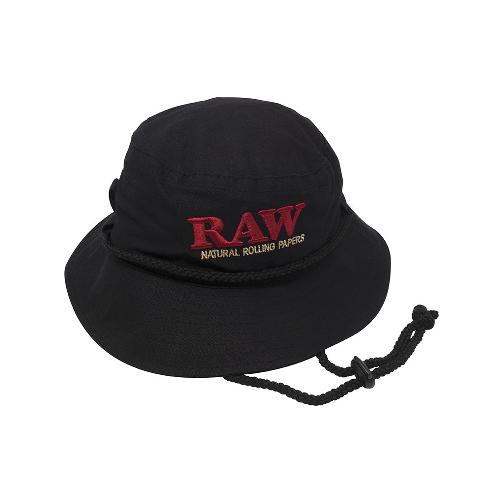 RAW Smokerman Bucket Hat in black, large size with embroidered logo and adjustable chin strap – must-have for RAW fans