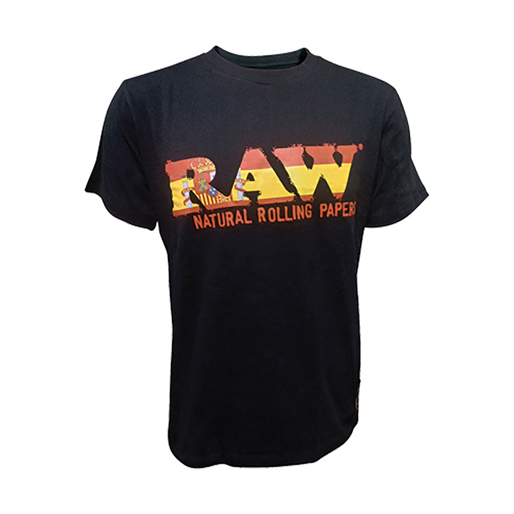 RAW Black Spanish Flag Logo T-Shirt size small, authentic RAW apparel for smokers, available at Honeybee Herb online smoke shop.