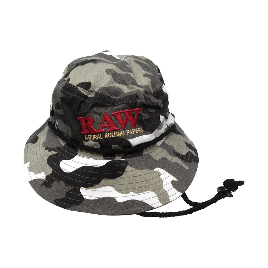 RAW Smokerman Bucket Hat in camo large size with embroidered RAW Natural Rolling Papers logo