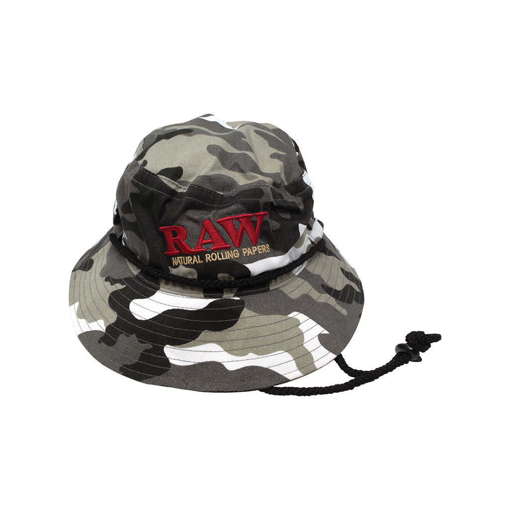 RAW Smokerman Bucket Hat in camo with embroidered RAW Natural Rolling Papers logo