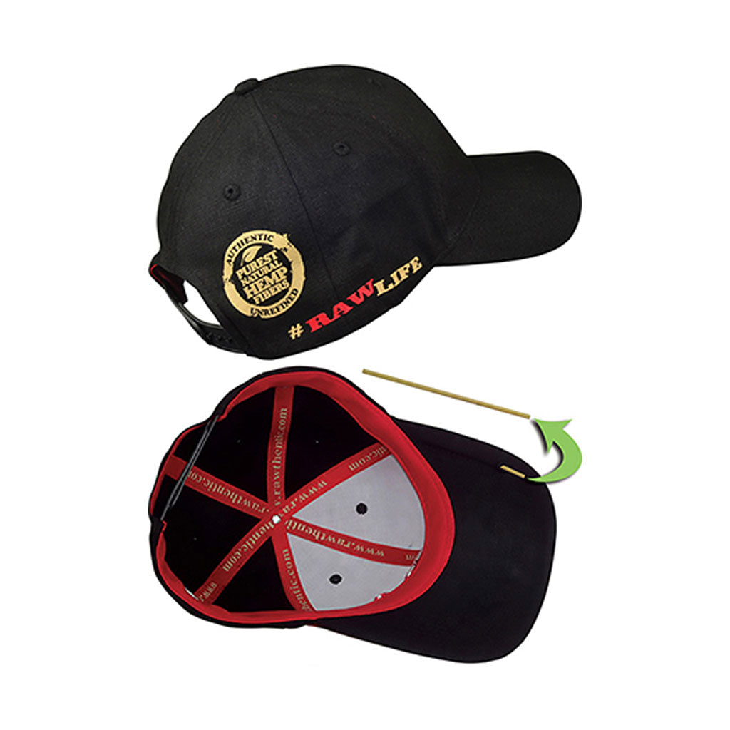 Back view of RAW Men’s Black Hat with RAWLife logo and adjustable strap, official RAW headwear for smokers from Honeybee Herb