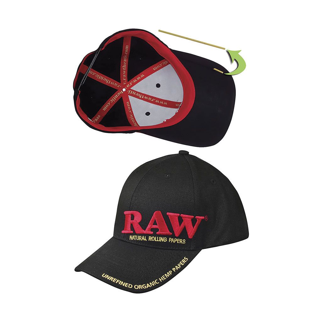 RAW Men’s Black Hat with front RAW logo embroidery, adjustable fit, official RAW smoker apparel available at Honeybee Herb.