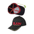 RAW Men’s Black Hat with front RAW logo embroidery, adjustable fit, official RAW smoker apparel available at Honeybee Herb.