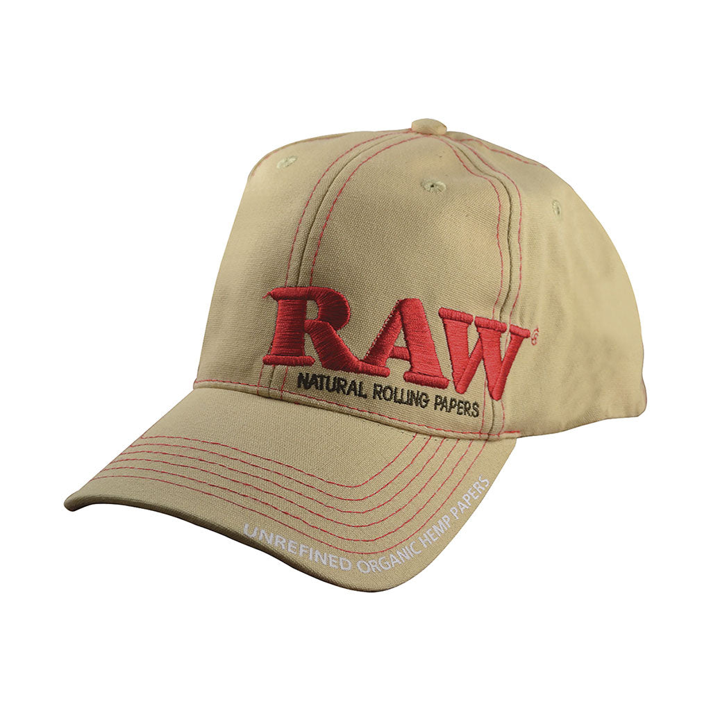 RAW Men’s Tan Promo Hat with embroidered RAW logo and red stitching, official RAW smoker lifestyle headwear available at Honeybee Herb.