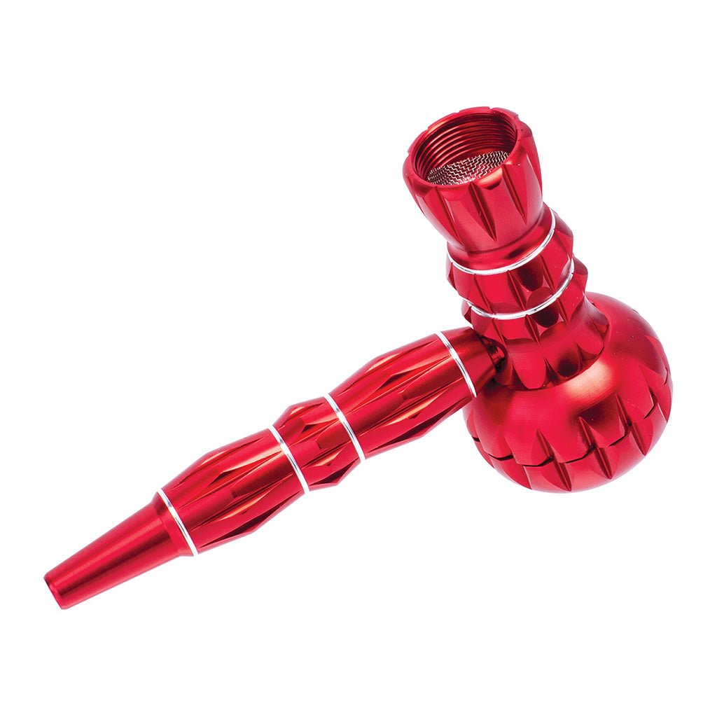 Compact red aluminum smoking pipe and grinder combo – shop Honeybee Herb
