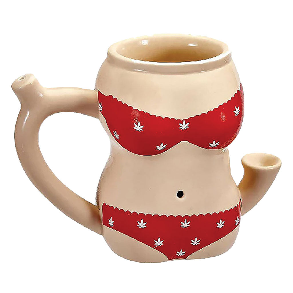 Red Bikini Premium Roast and Toast pipe mug with glossy body-shaped design, white leaf pattern, built-in front bowl, side carb hole, and curved handle