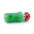 horizontal view of green mushroom glass hand pipe with red spotted cap and deep bowl, premium novelty pipe, shop honeybee herb 