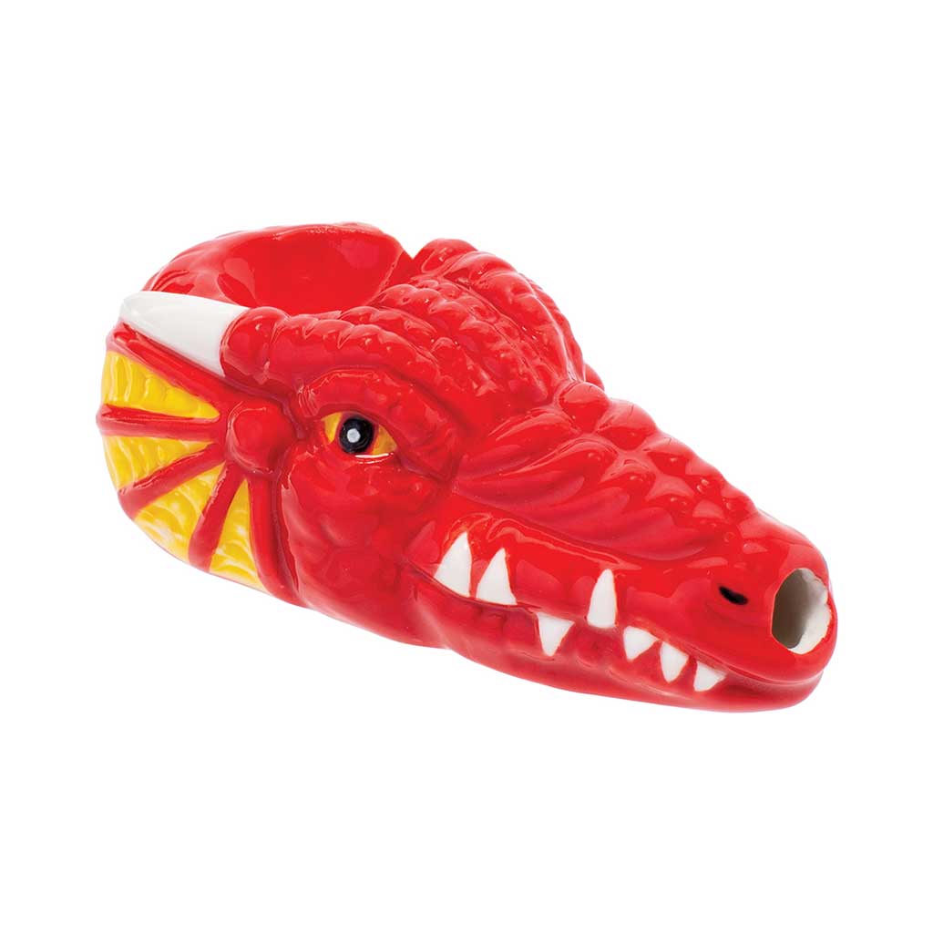 Buy red dragon ceramic hand pipe, side view showing mouthpiece and carb—fast, discreet shipping from Honeybee Herb. 