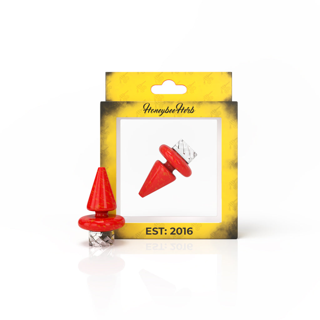 Honey Hive Red Glass Triangle Cone Handle Spinner Carb Cap With Yellow Packaging View