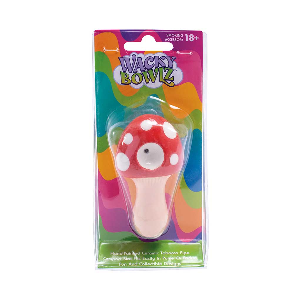 Packaged red mushroom ceramic pipe by Wacky Bowlz – great collectible gift item
