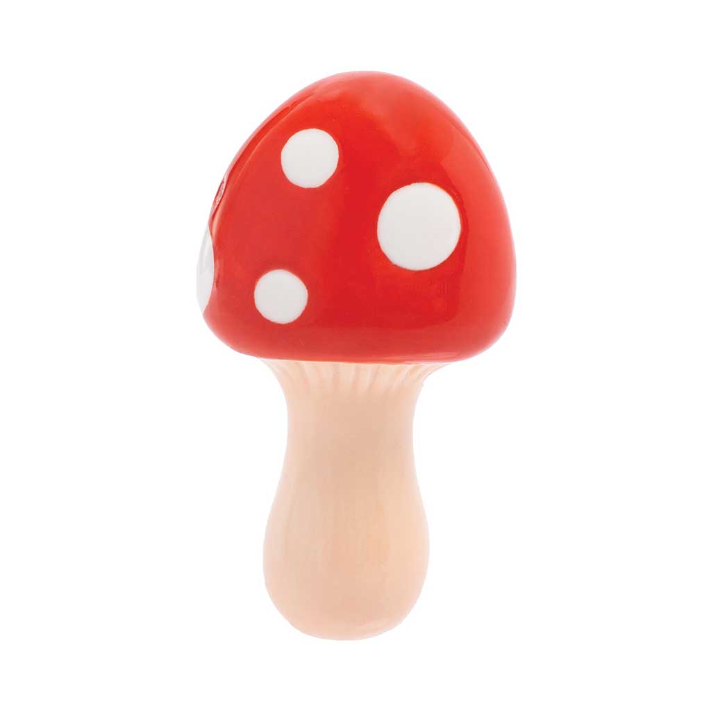 Front shot of red ceramic mushroom pipe by Wacky Bowlz – compact and stylish