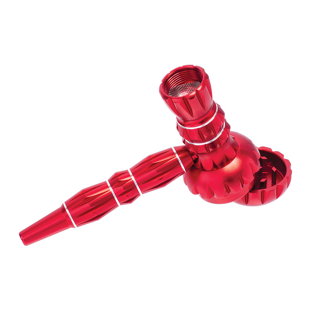 Bold red ribbed aluminum smoking pipe with grinder – available for purchase