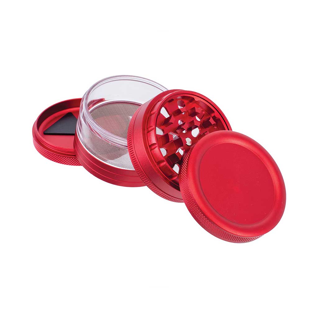 Red see-through chamber herb grinder with clear window and textured grip 