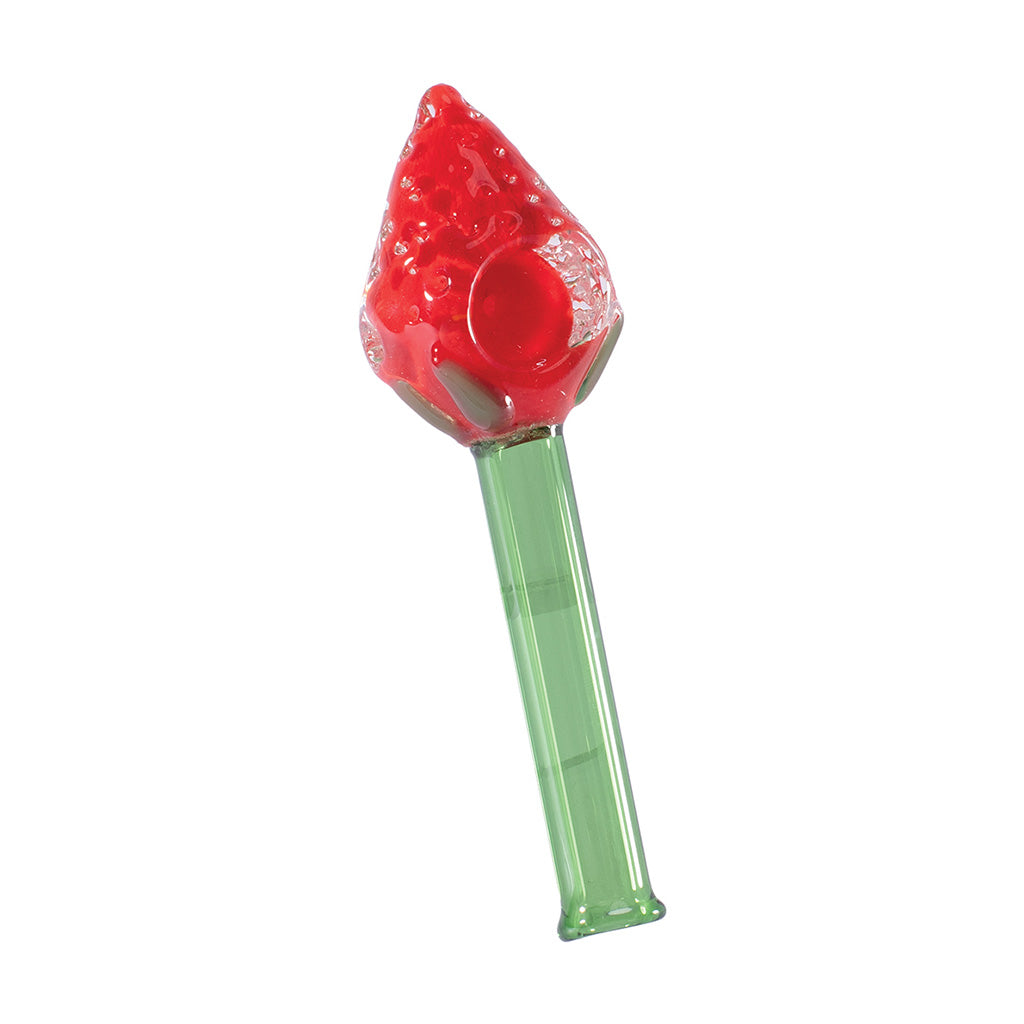 red strawberry glass hand pipe with green stem, handcrafted smoking pipe made from durable glass, buy online at honeybee herb