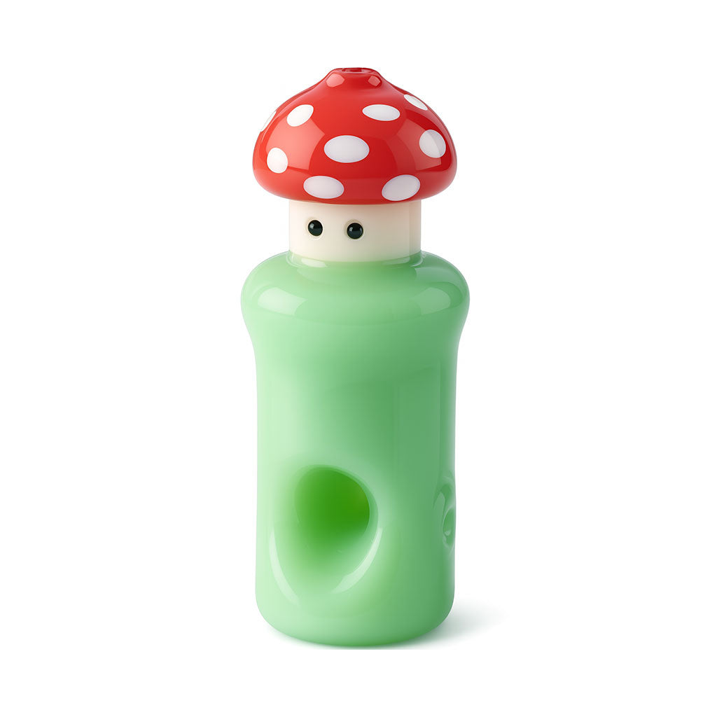 red top mushroom green glass hand pipe shown on its side with carb and bowl visible, sturdy spoon pipe, buy at honeybee herb 
