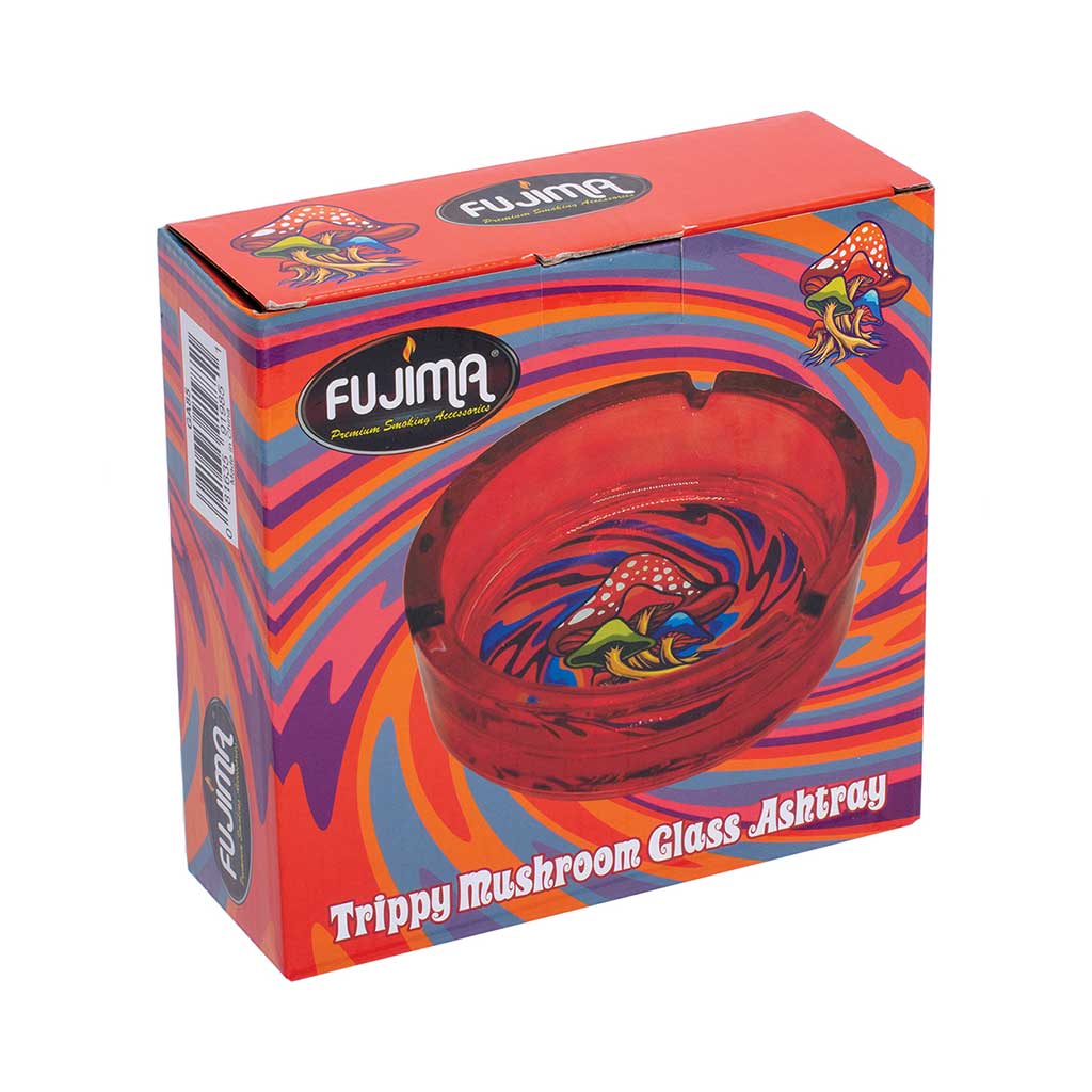 Red Trippy Mushroom Glass Ashtray packaging, premium smoking accessory box design at Honeybee Herb.