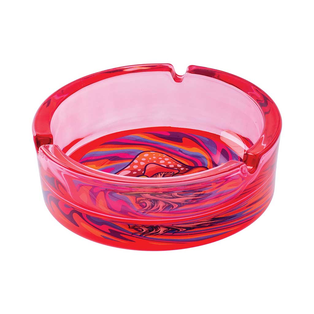 Red Trippy Mushroom Glass Ashtray side view, sturdy smoking accessory with trippy design for sale at Honeybee Herb.
