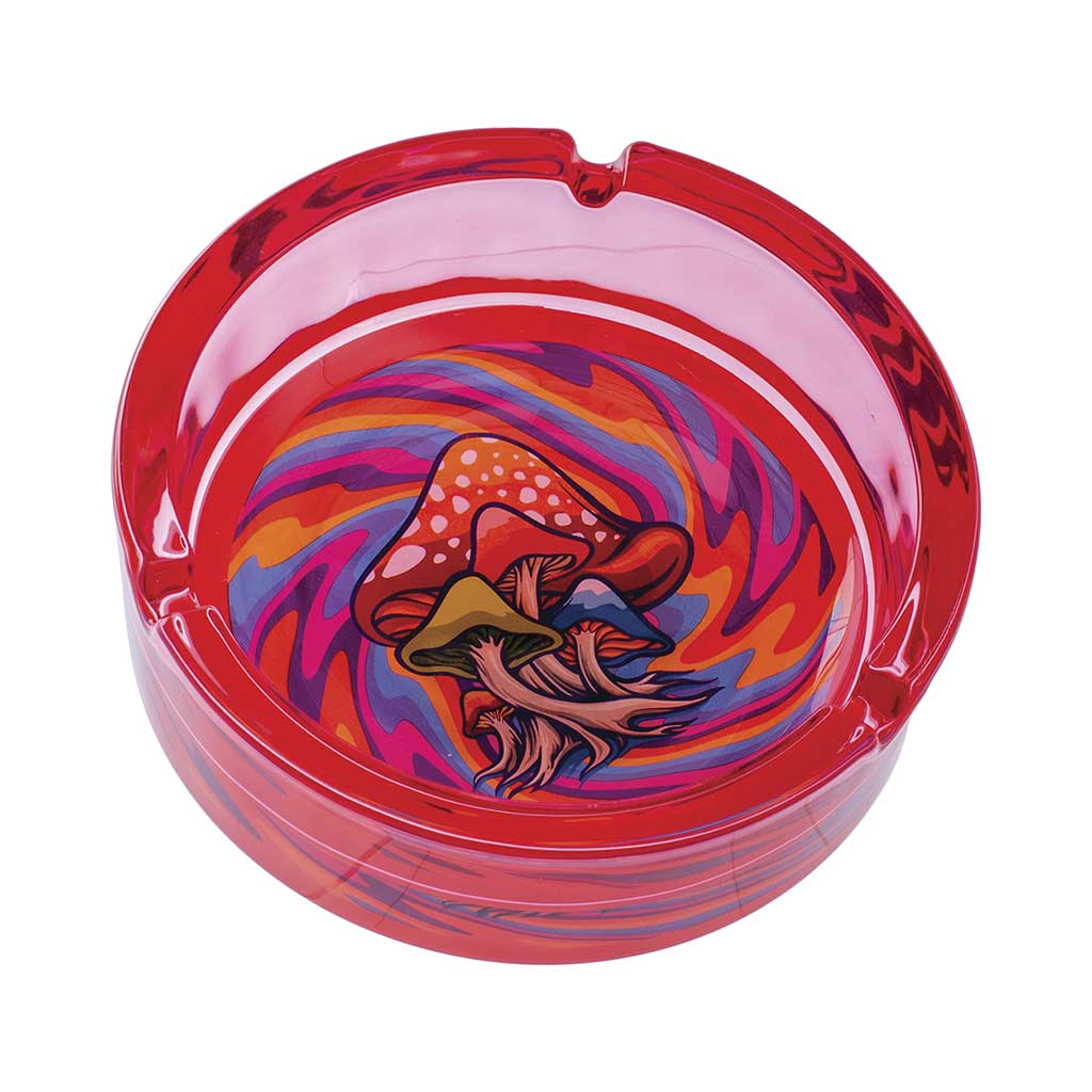 Red Trippy Mushroom Glass Ashtray with psychedelic mushroom design, durable glass ashtray for smokers online at Honeybee Herb.