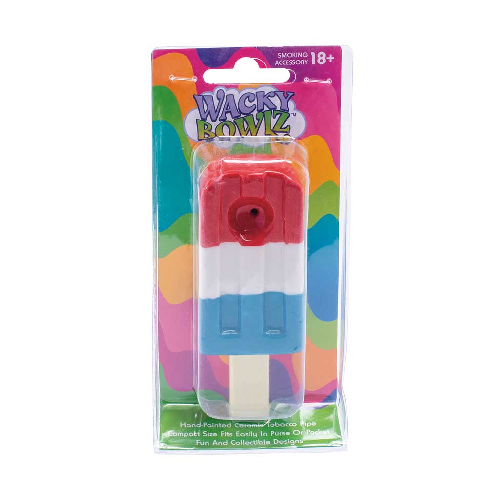 Wacky Bowlz red white and blue ceramic pipe in retail packaging