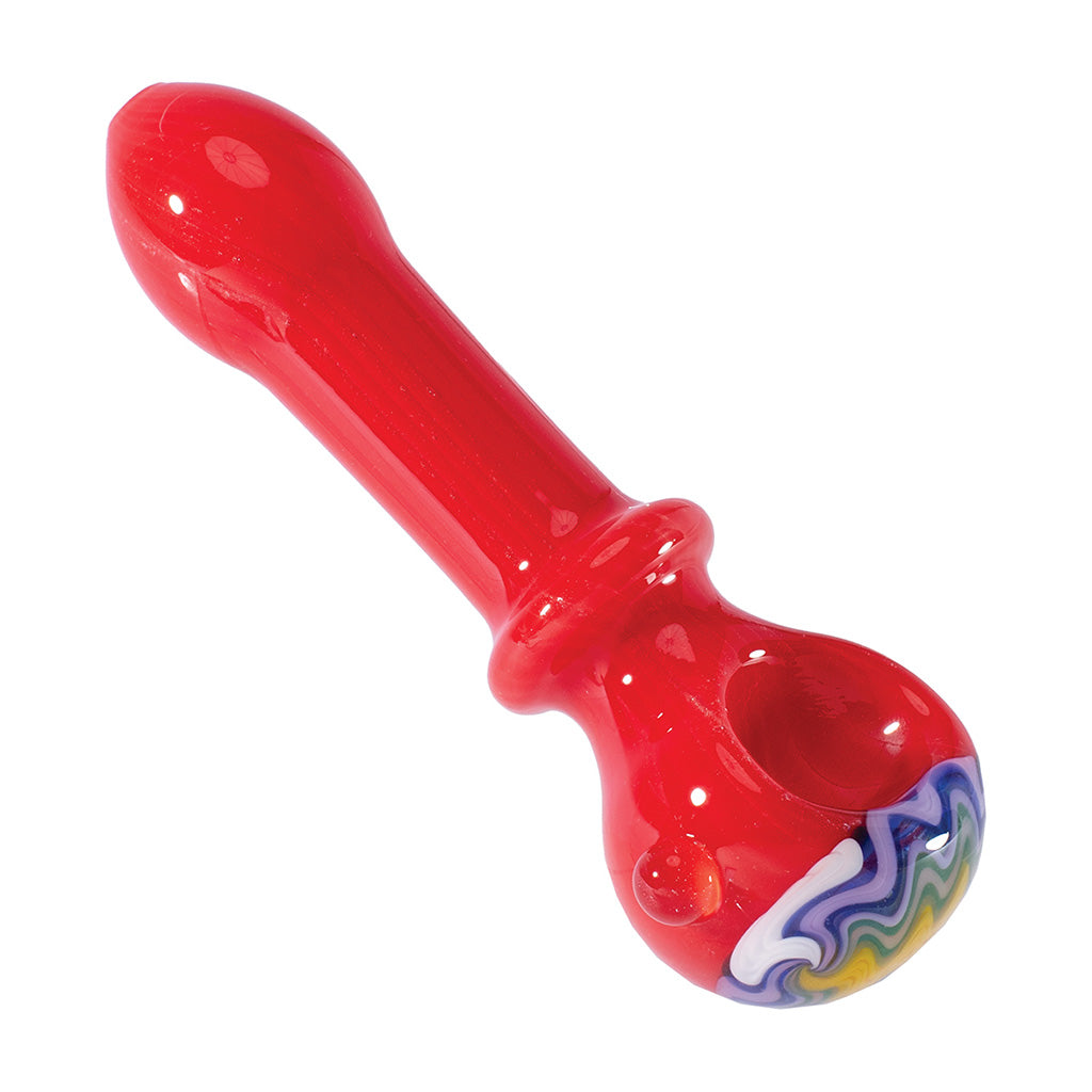 red wig wag glass spoon hand pipe with vibrant flame accent, handcrafted smoking accessory, available at honeybee herb