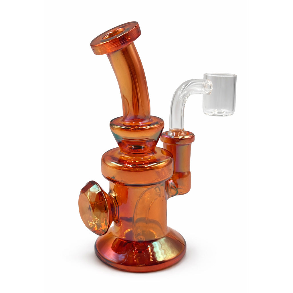 Rose gold pearlescent mini dab rig with stable flared base and quartz banger, compact glass concentrate rig for daily sessions.